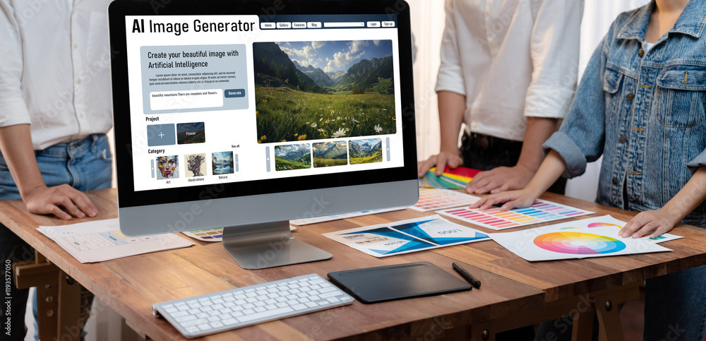 Aufkleber AI image generator software provide picture to graphic designer and users by text prompt brisk with use of artificial intelligence AI processing power to give image according to prompt text