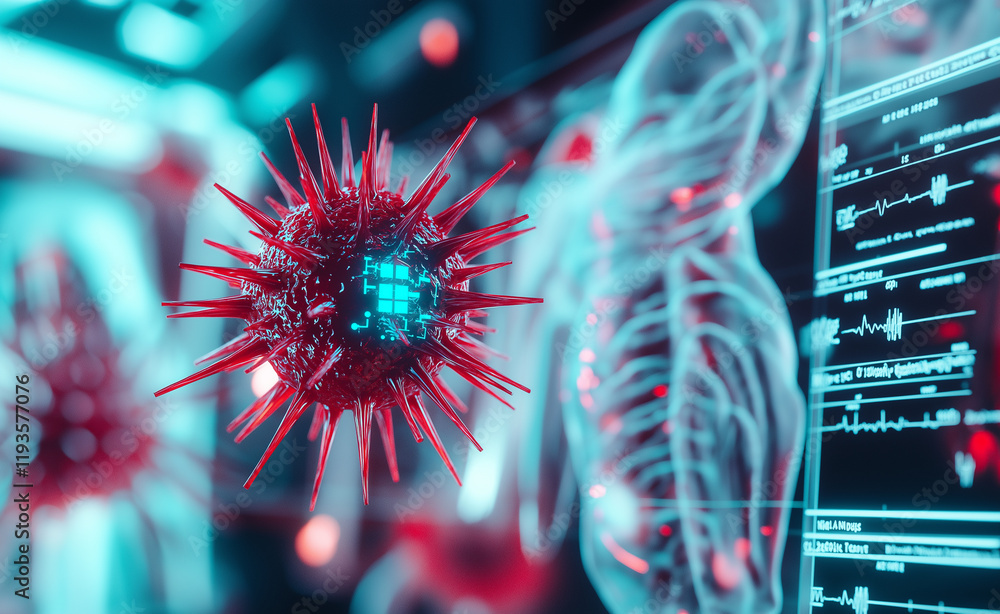 Poster 3d rendering of a magnified red virus particle hovering over futuristic digital screens with neon el