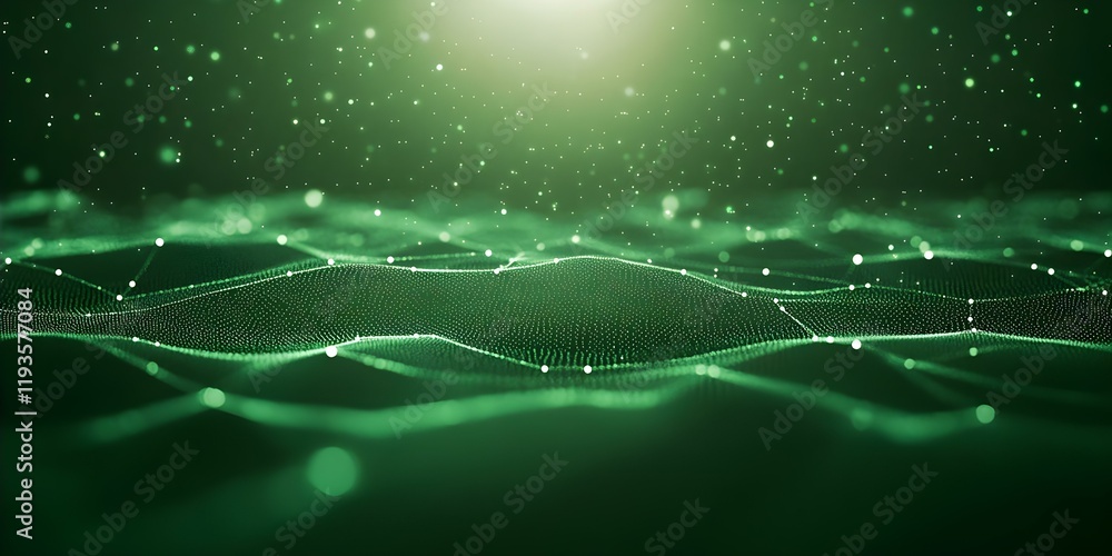 Poster a digital wave-like landscape with green tones, illuminated by light, creating a sense of depth and 