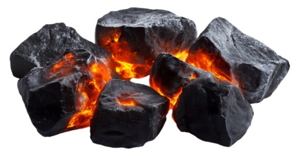 Glowing Embers of Burning Coal, Dark Volcanic Rocks, Intense Heat, Fiery Orange and Black Colors, isolated on transparent background.     
