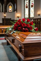 Red rose flowers on wooden coffin in church