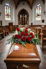 Red rose flowers on wooden coffin in church
