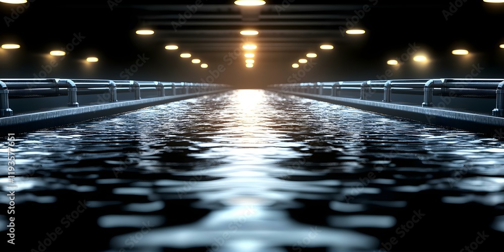 Poster a dimly lit corridor with a reflective water surface and overhead lights creating a serene atmospher