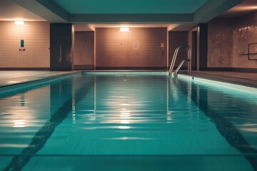 Fototapeta premium Tranquil indoor swimming pool illuminated by soft lighting reflections