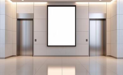 A modern elevator lobby with two elevators and a blank vertical poster frame in the center, ideal for advertisements.
