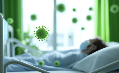 A person in a medical mask sitting by a window, with green virus particles digitally illustrated in the foreground.