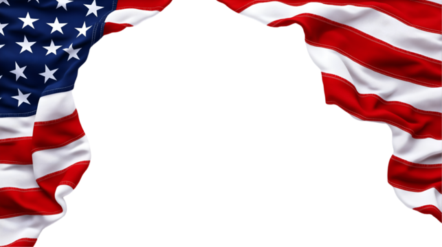 American Flag Draped Frame Patriotism, Independence Day, USA, Background, Red White Blue, Stars Stripes, isolated on transparent background. 
