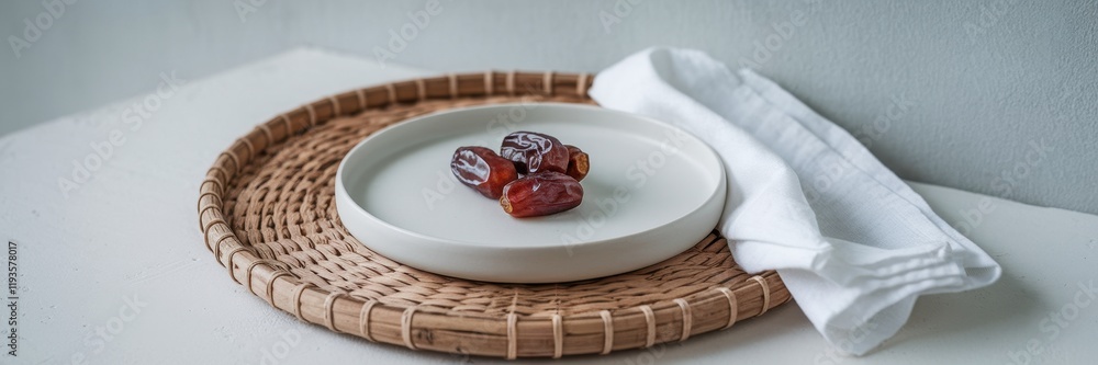 Poster three dates on a white plate in a wicker tray