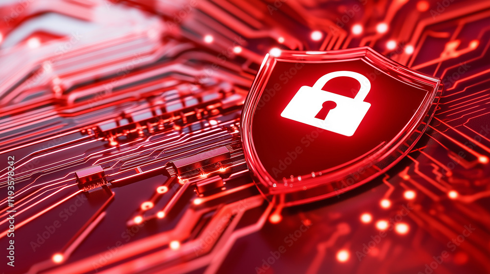 Poster a red digital shield with a lock icon overlaying a circuit board, symbolizing cybersecurity and data