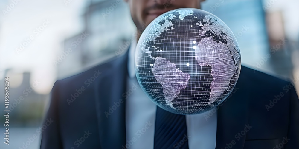 Poster a person in a suit is holding a transparent globe displaying a digital map of the world, representin