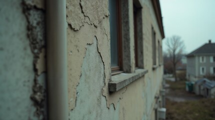 Cracked and peeling exterior wall of an old building