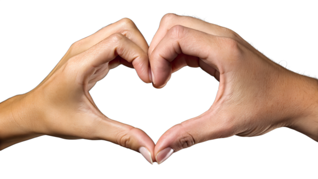 Two human hands forming the shape of a heart against a plain black background. The hands are well-groomed, with fingers gracefully curved to create a symmetrical heart outline. The skin has a natural 