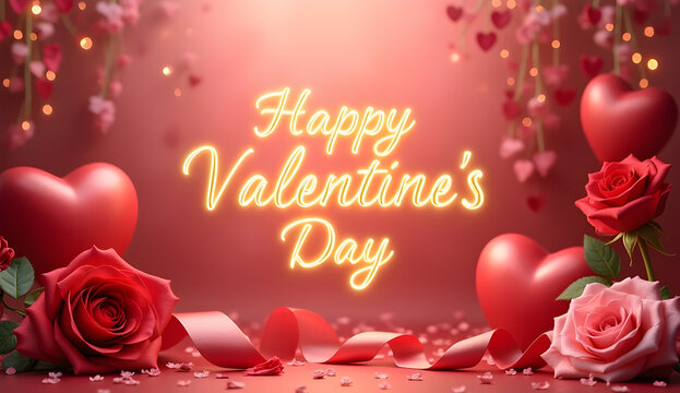 Valentine's Day greeting card featuring soft hued roses, heart shaped accents, silky ribbons against warm glowing background with hanging decorative lights, symbolizing romantic sentiments