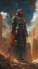 Naklejka premium Ancient Pharaoh with Starry Helmet and Glowing Red Gemstones Holding Scepter in Front of Ruined Temple Under Desert Sky