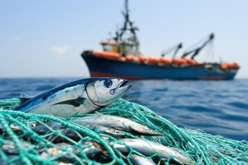 Close-up of fresh fish in a green fishing net on a boat at sea, with a trawler ship blurred in the background.