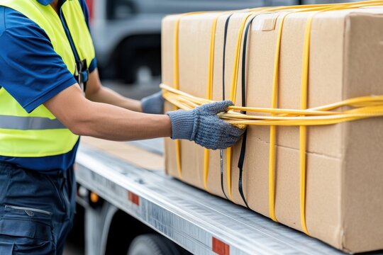 A worker wearing gloves and a reflective vest secures a large cardboard box with yellow straps on a delivery truck.