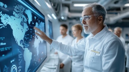 A team of scientists in lab coats analyzing global data on a large interactive screen in a high-tech laboratory.