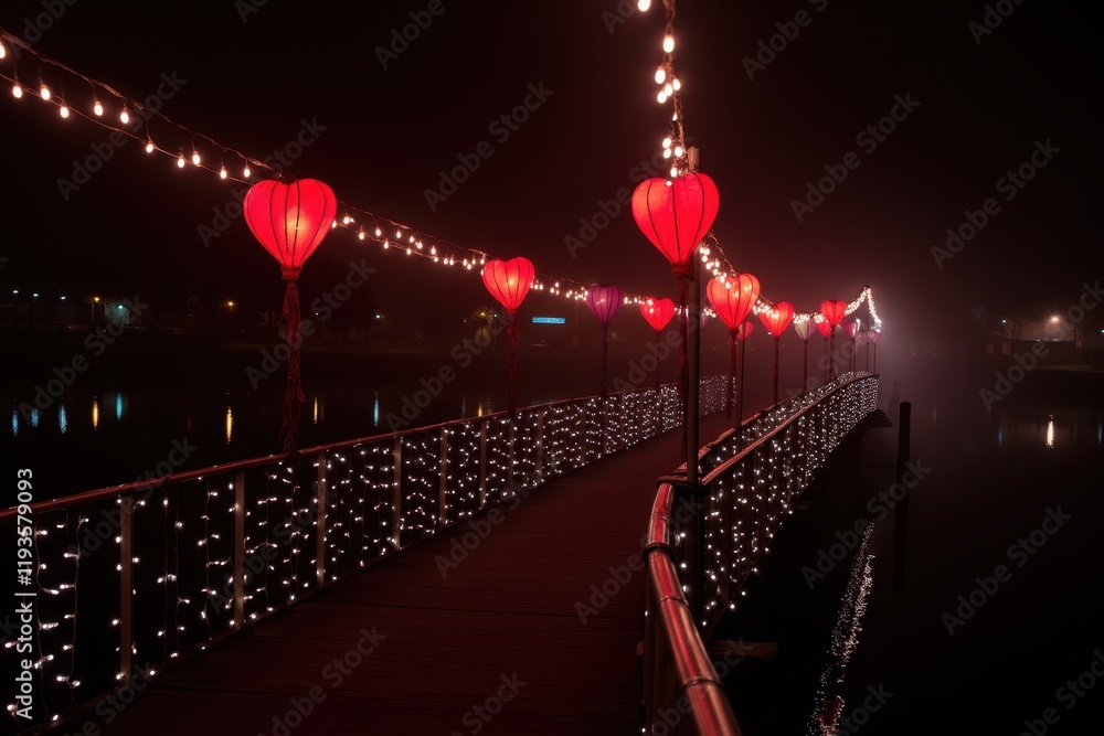 Poster serene night scene of a bridge adorned with heart-shaped lanterns and sparkling lights over a calm w