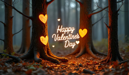 Glowing heart carvings illuminating misty forest trees, embodying romantic ambiance with soft luminescence and Valentine's Day sentiment, creating enchanting woodland scene