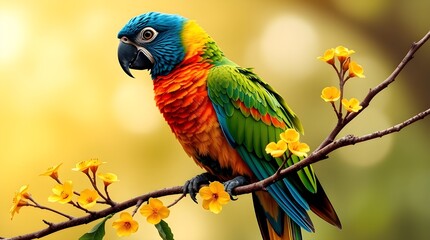 A parrot with bright blue, green, yellow, and red plumage perched on a branch. Warm autumn colors, intense dramatic lighting, high contrast, creates tension, earthy and cozy tones