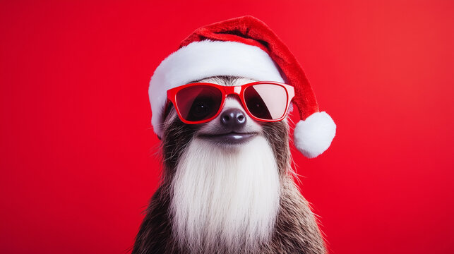 Happy, cute sloth wearing sunglasses and a Santa hat, isolated on a red background with copy space. A funny animal in a festive Christmas mood, perfect for a social media banner template
