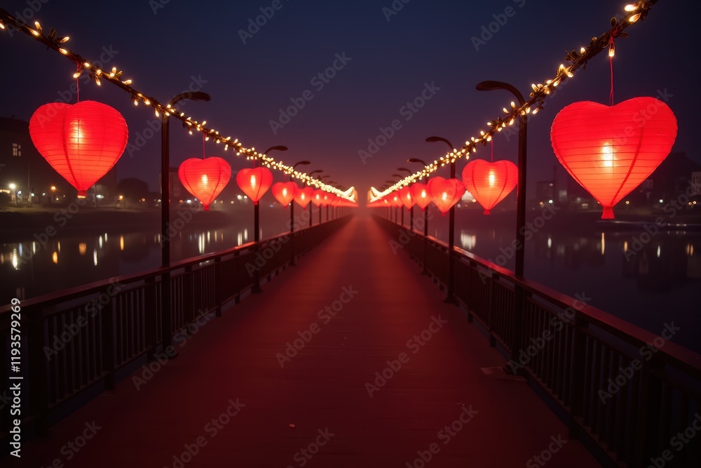 Poster romantic pathway adorned with red heart lanterns creating a magical atmosphere by the water at night