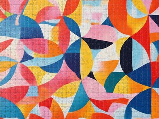 abstract geometric pattern with overlapping colorful shapes in a completed jigsaw puzzle