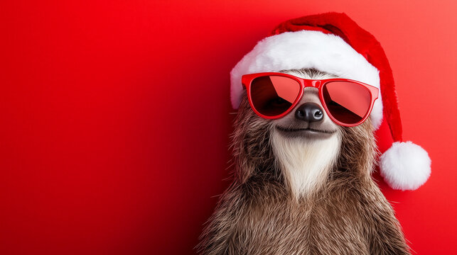 Stylish sloth wearing sunglasses and a Christmas hat on a red background with copy space. Funny animal Christmas concept 