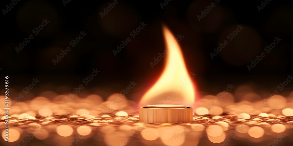 Poster a small candle with a flickering flame, surrounded by a soft bokeh of warm, glowing lights. concept 