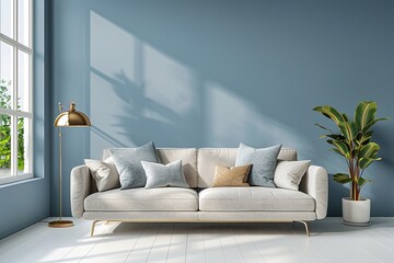 Scandinavian interior of living room concept, light gray sofa with gold lamp on white flooring and blue wall,3d rendering