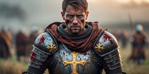Medieval Knight in Battle Armor with Bloodstains and Cross Emblem