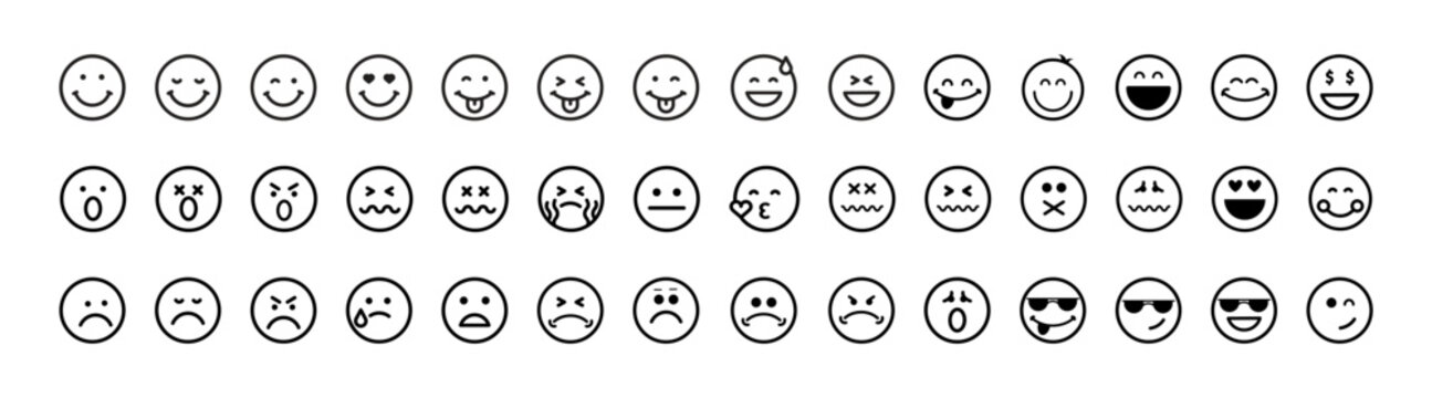 Naklejki Emojis faces icon. Set of smiley. Smiling face icon, cute smile. Emoticon symbol. Good and Bad Mood.