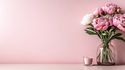 Fototapeta premium Beautiful peonies arranged in a glass vase create a fresh and inviting atmosphere in a pastel-colored room