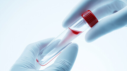 A test tube with a red cap and a small blood sample being held by gloved hands in a clinical environment.