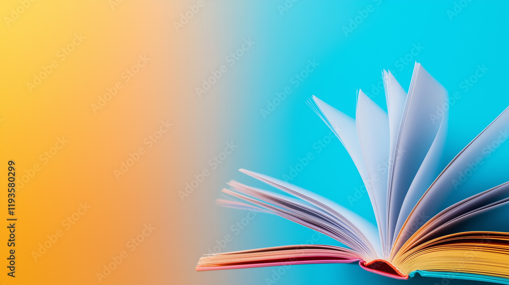 Poster an abstract close-up of an open book with vibrant pages and colorful gradient lighting.