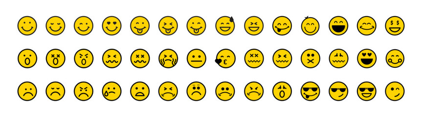 Fototapeta premium Set of round lines Emoji symbols. Emotion icons. Positive, Happy, Smile, Sad, Unhappy Faces Pictogram.