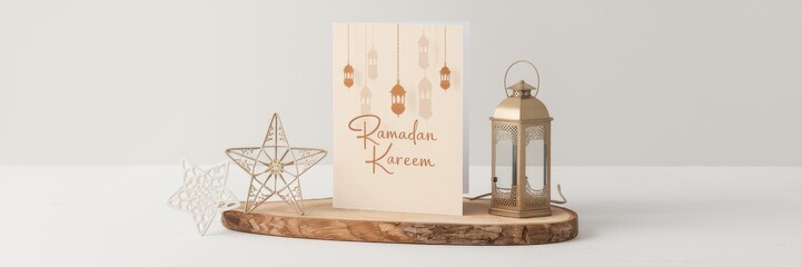 Ramadan Kareem greeting card with lanterns and stars
