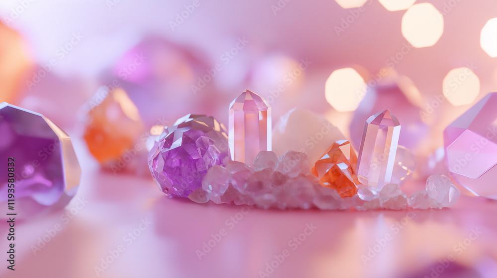 Poster a collection of sparkling crystals and gemstones on a soft pink background with glowing bokeh lights