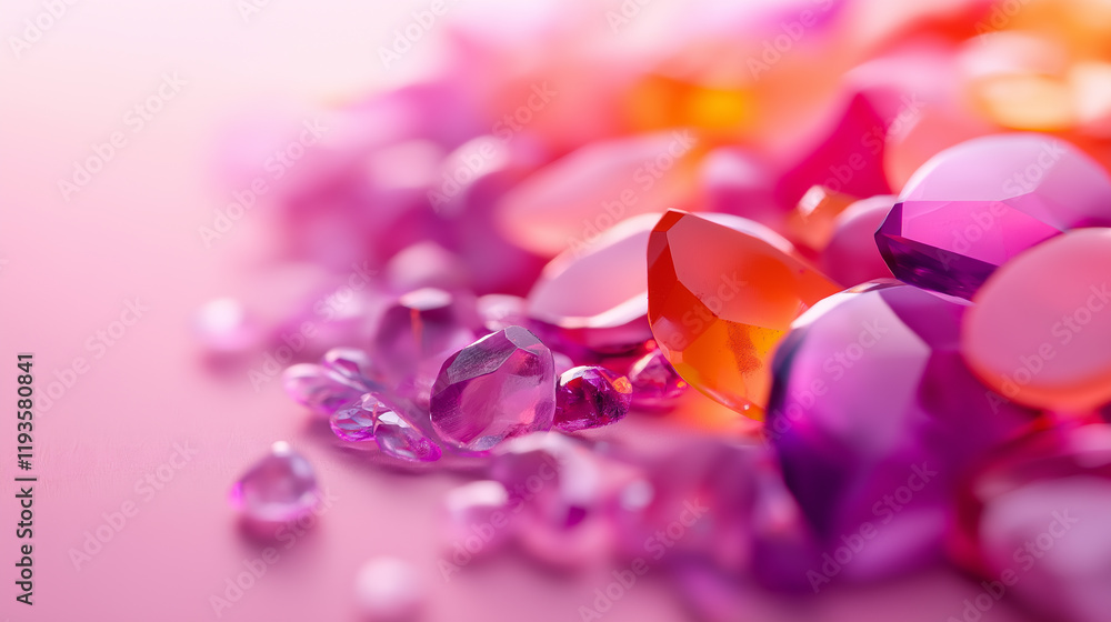 Poster a collection of sparkling crystals and gemstones on a soft pink background with glowing bokeh lights