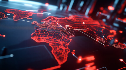 A glowing red digital map of Africa displayed on a futuristic interface, representing technology, innovation, and global connectivity.