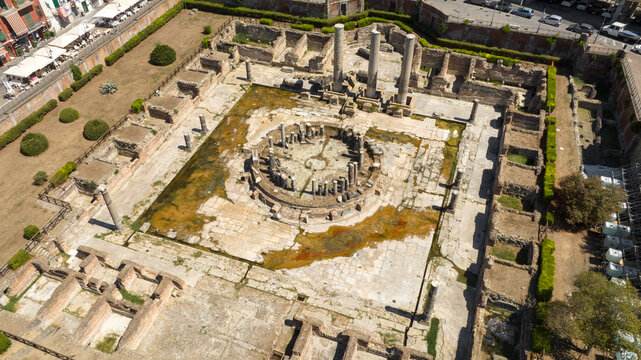 Aerial view the Macellum of Pozzuoli, near Naples, Italy. It was market building of the Roman colony of Puteoli. It was mistakenly known as the Temple of Serapis.