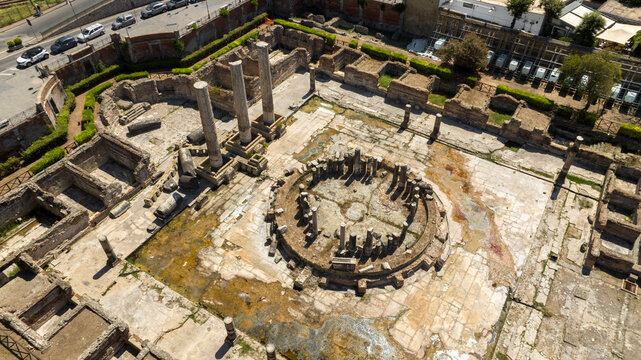 Aerial view the Macellum of Pozzuoli, near Naples, Italy. It was market building of the Roman colony of Puteoli. It was mistakenly known as the Temple of Serapis.