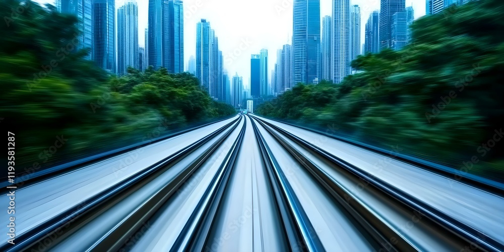 Poster a dynamic view of railway tracks leading into a cityscape with towering skyscrapers and greenery alo
