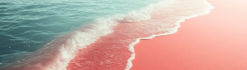 A serene beach scene featuring gentle waves lapping against a soft, pink shoreline under a dreamy, hazy atmosphere.