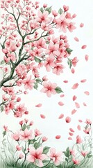 Naklejka premium Cherry blossom tree in full bloom nature watercolor artwork tranquil environment close-up view serenity concept