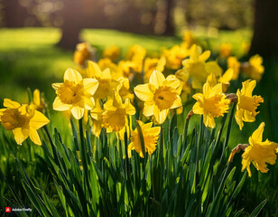 Fototapeta premium yellow daffodils in spring, daffodils in the garden, Daffodils shining in the sun