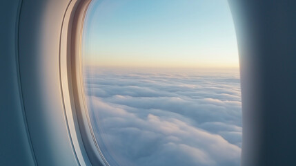 A view of fluffy clouds and a blue sky through an airplane window, symbolizing travel, freedom, and exploration.