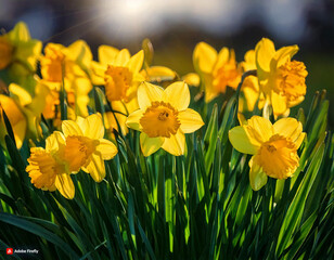 Fototapeta premium yellow daffodils in spring, daffodils in the garden, Daffodils shining in the sun