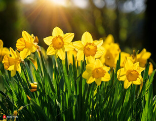 Fototapeta premium yellow daffodils in spring, daffodils in the garden, Daffodils shining in the sun