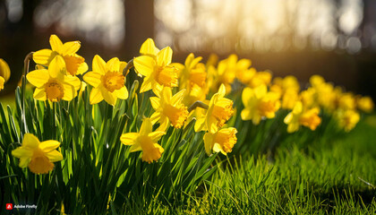 Fototapeta premium yellow daffodils in spring, daffodils in the garden, Daffodils shining in the sun